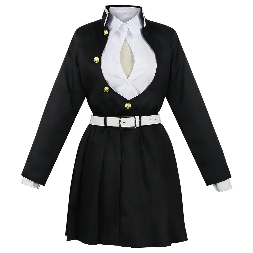 EtherealBe Mitsuri Kanroji cosplay costume featuring a stylish black dress with a belt and buttons