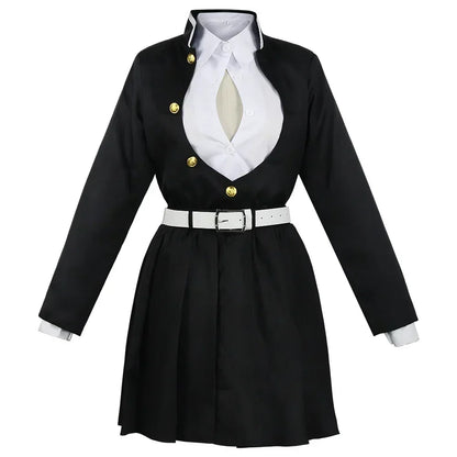 EtherealBe Mitsuri Kanroji cosplay costume featuring a stylish black dress with a belt and buttons