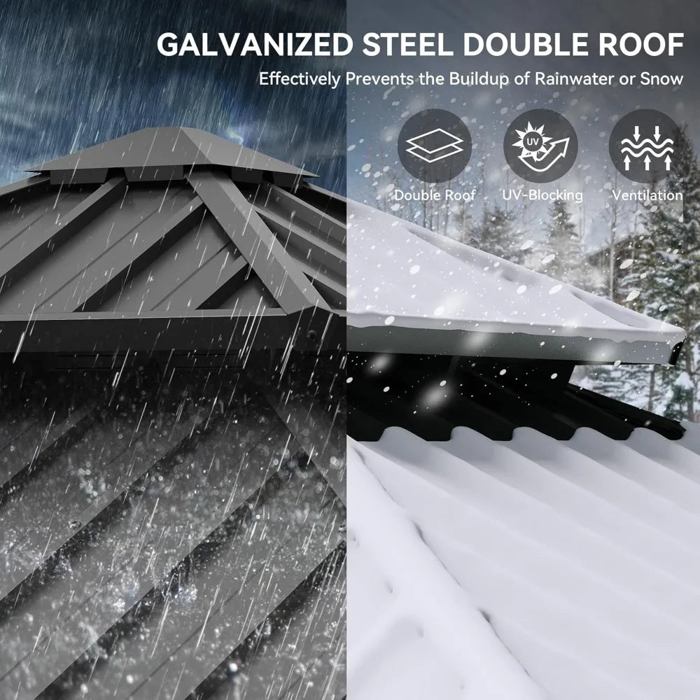 10x10ft Hardtop Gazebo, Nettings and Curtains, Heavy Duty Double Roof Galvanized Steel Outdoor Combined of Vertical Stripes Roof