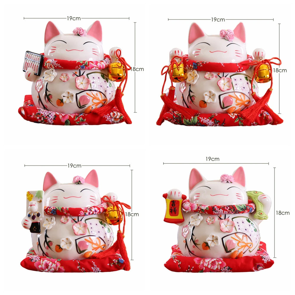 8 inch Japanese Maneki-Neko Ceramic Lucky Cat Fortune Cat Fengshui Statue Porcelain Money Box Home Decor Gift for Business
