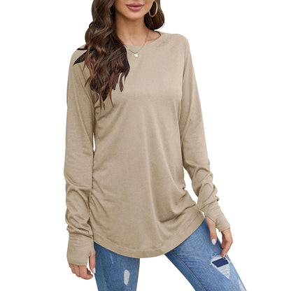 Women's Solid Round Neck Loose Long Sleeve Medium Length Leaky Thumb T-shirt Top