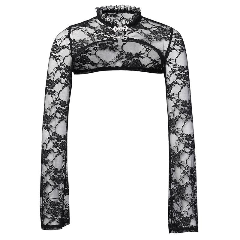Vintage Dark Gothic Lace Mesh Long Flare Sleeve Overlay Turtleneck Covers Grunge Aesthetic Black Tops Streetwear for Women Egirl