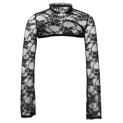 Vintage Dark Gothic Lace Mesh Long Flare Sleeve Overlay Turtleneck Covers Grunge Aesthetic Black Tops Streetwear for Women Egirl