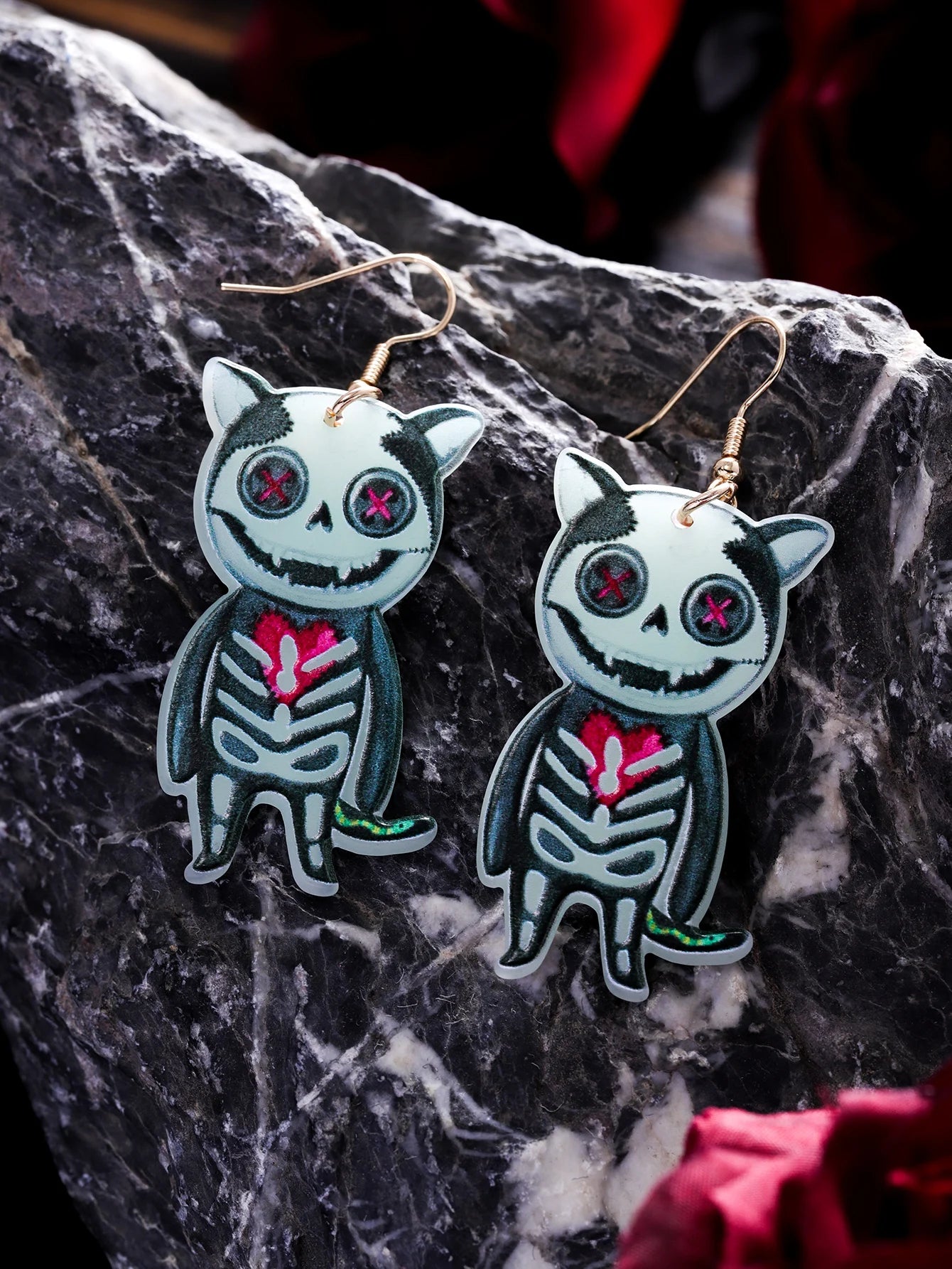 EtherealBe Halloween earrings for women featuring cute skeleton cat design with bright colors