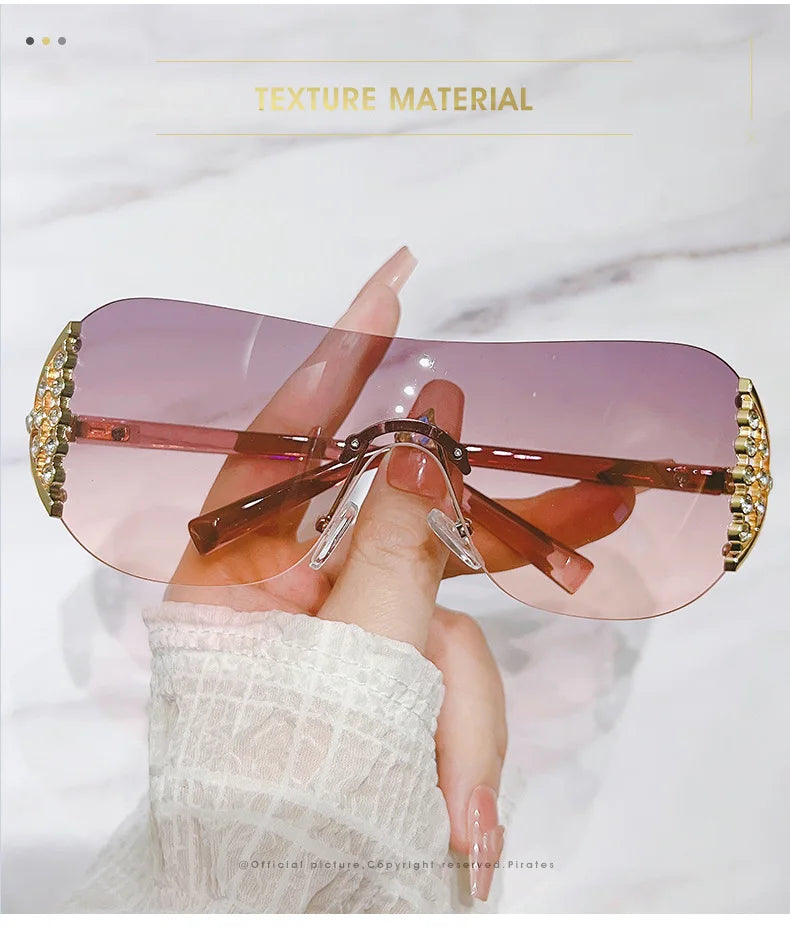 Luxury One-Piece Rimless Sunglasses Oversized Diamond Brand Designer Sun Glasses for Women Steampunk Eyewear UV400 Oculos De Sol