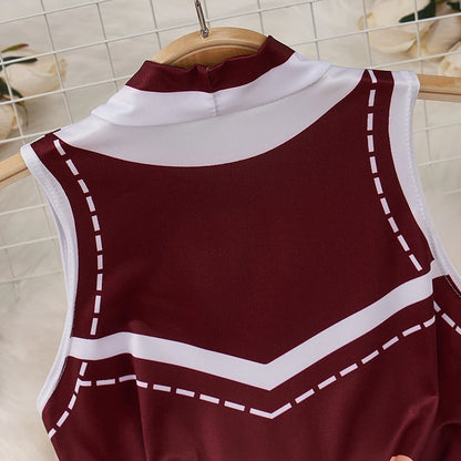 Back view maroon and white high collar bodysuit with printed stitch lines kawaii cartoon bodysuit costume for women