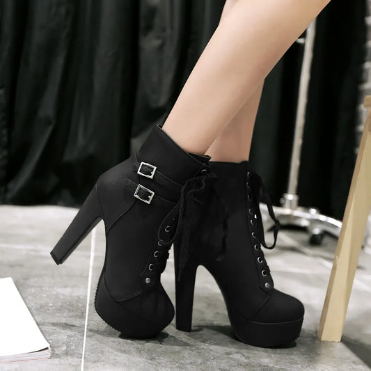 High Heel Platform Lace Up Heeled Ankle Boots
