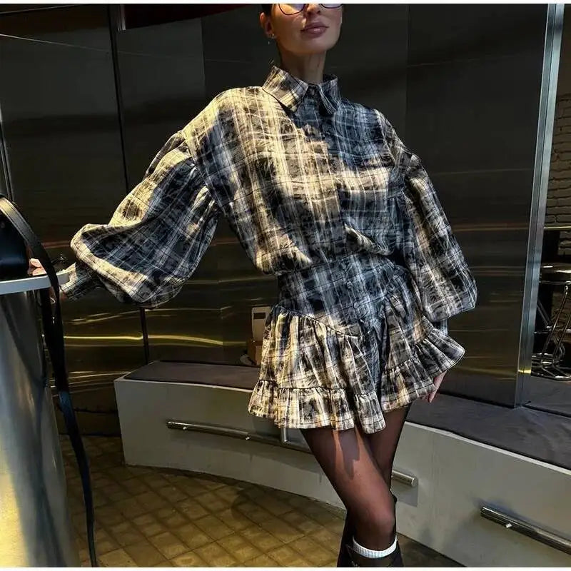 Plaid Print Shirt Ruffles Skirts Set Women Elegant Lapel Button Up Tops Loose Mini A-line Skirt Spring New Lady Chic Outfit LK9Q