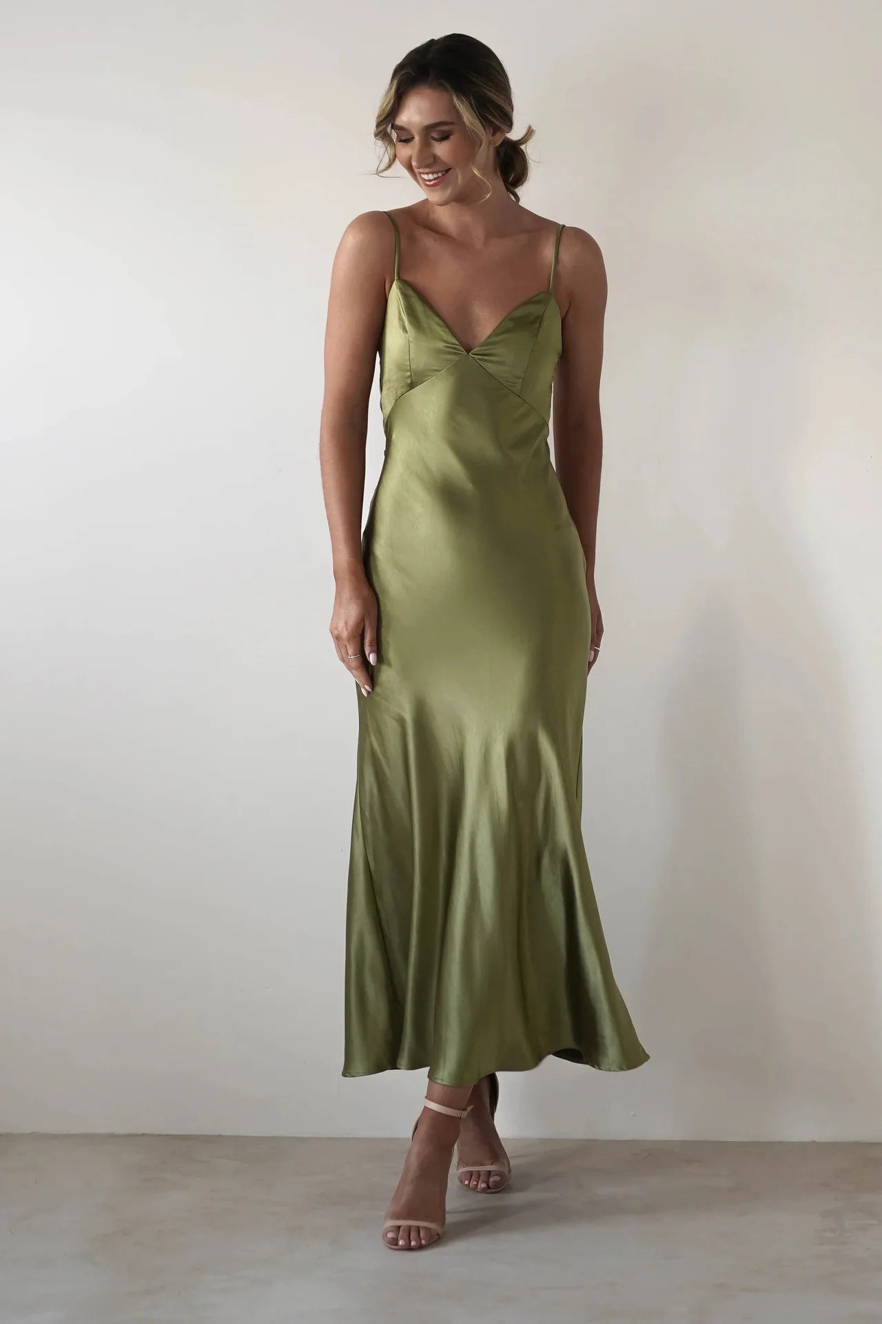 EtherealBe Sexy Satin Halter Dress in Olive Green