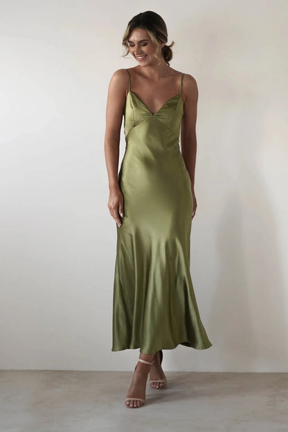 EtherealBe Sexy Satin Halter Dress in Olive Green