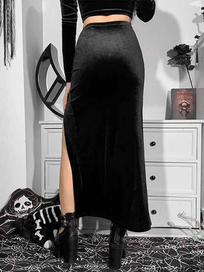 Goth Vintage Black Velvet Split Skirts Aesthetic Sexy High Waist Bow Bodycon Long Skirt Elegant E Punk Partywear Clothes