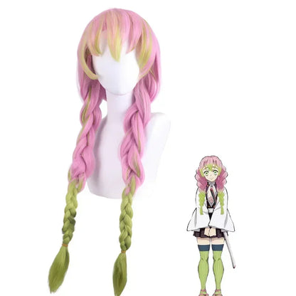 Mitsuri Kanroji cosplay costume wig with pink and green braids for anime fans