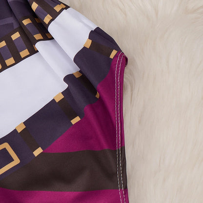 Close up of kawaii cartoon bodysuit costume for women printed purple and white fabric with stitched seam on faux fur
