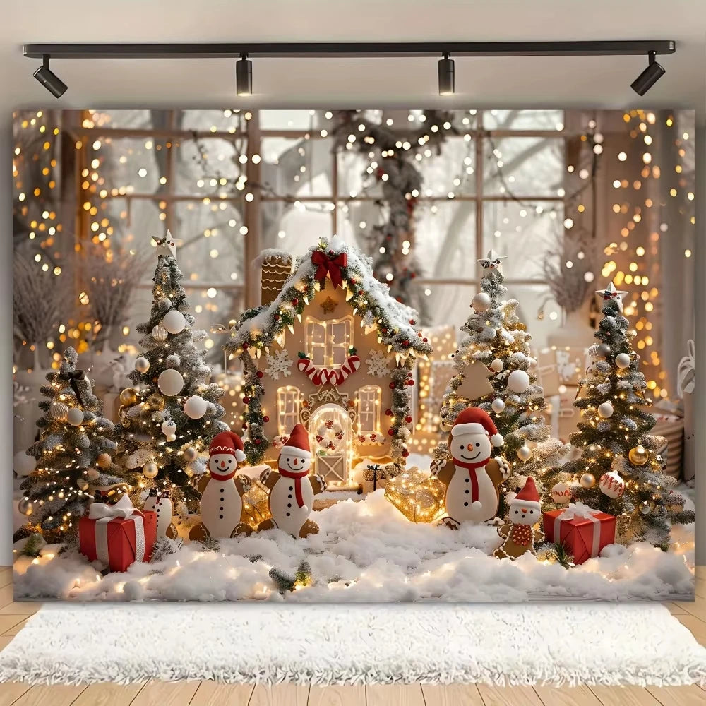 Christmas background with pine trees, gifts, deer, suitable for replacing cookies, candy theme family Christmas party decoration