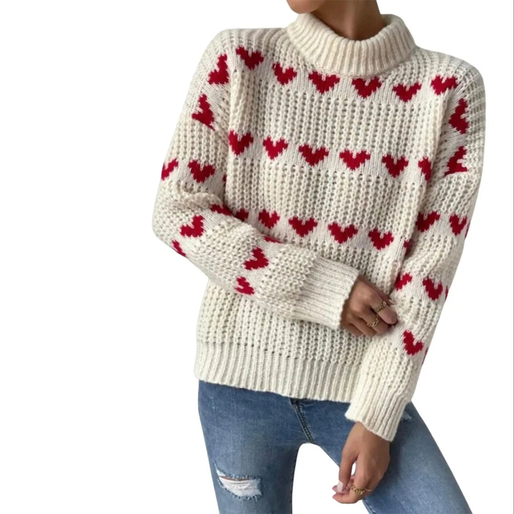 Autumn/Winter New Arrivals European & American Style Pullover Sweater Loose-Fit Heart-Pattern Jacquard Knitwear for Women
