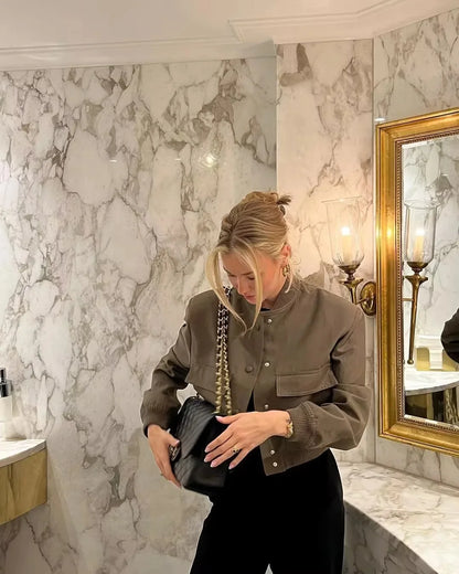 Women Fashion with Pockets Cropped Bomber Jacket Coat Vintage Long Sleeve Front Button Female Outerwear Chic Tops y2k clothes
