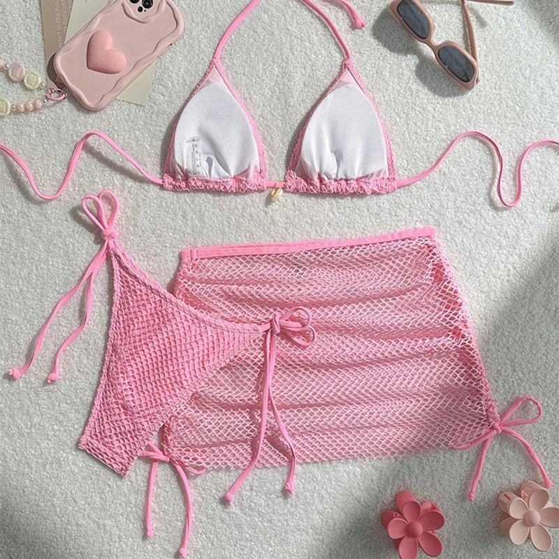 Summer Swimsuit For Women Sexy Bikini Set Push-up Padded Bra Thong Three Pieces  Neck Halter Beachwear Bathing Sexy Swimsuits
