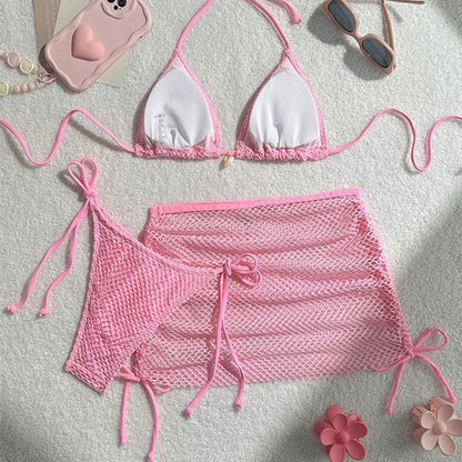 Summer Swimsuit For Women Sexy Bikini Set Push-up Padded Bra Thong Three Pieces  Neck Halter Beachwear Bathing Sexy Swimsuits