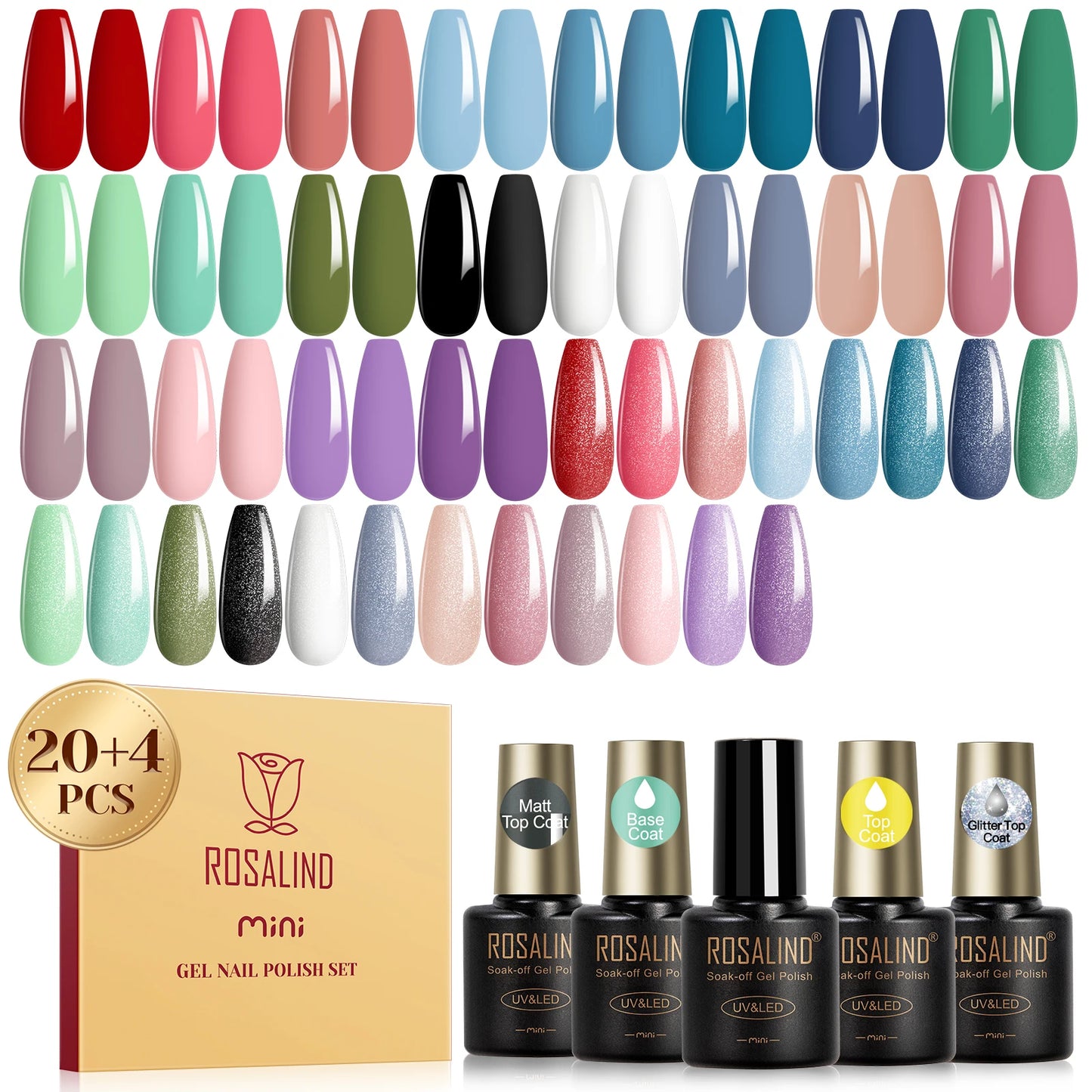 ROSALIND 24PCS Gel Nail Polish Set with Base and Top Coat Soak Off Nail Gel Kit Long Lasting