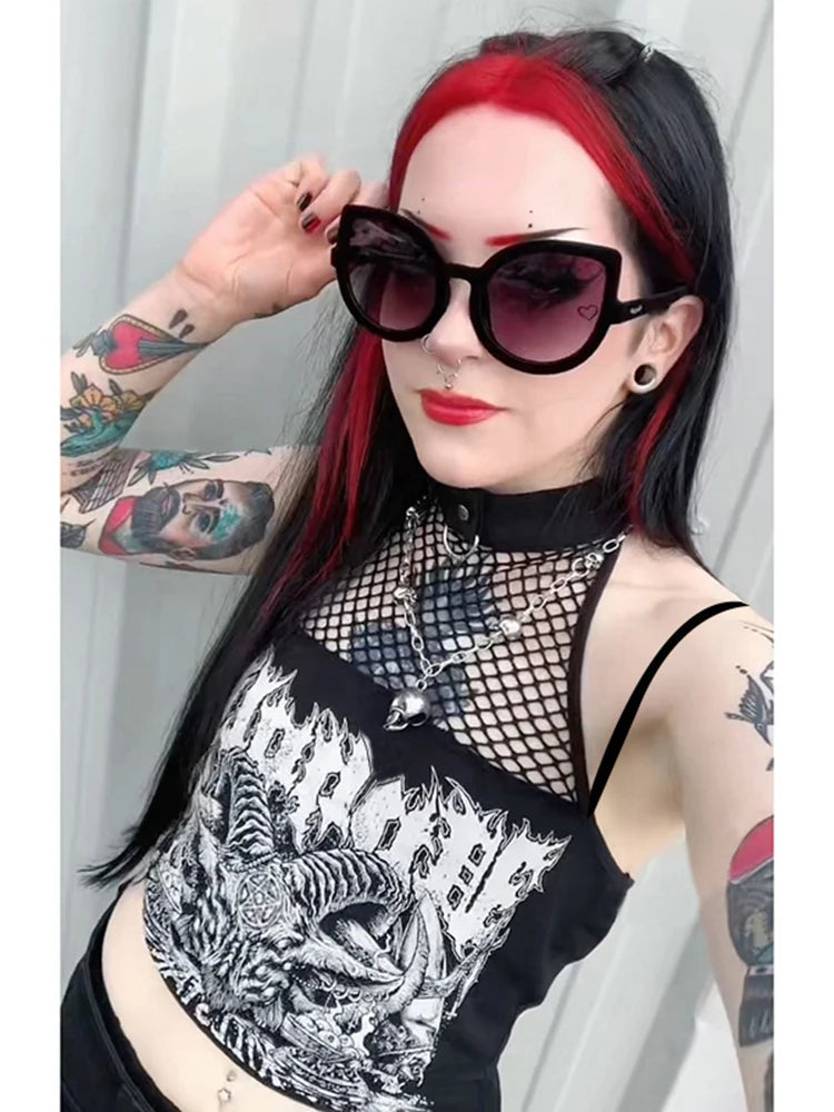 InsGoth Gothic Punk Tank Tops Mall Goth Grunge Print Harajuku Women Y2K Crop Tops Summer Vintage Black Sleeveless Streetwear