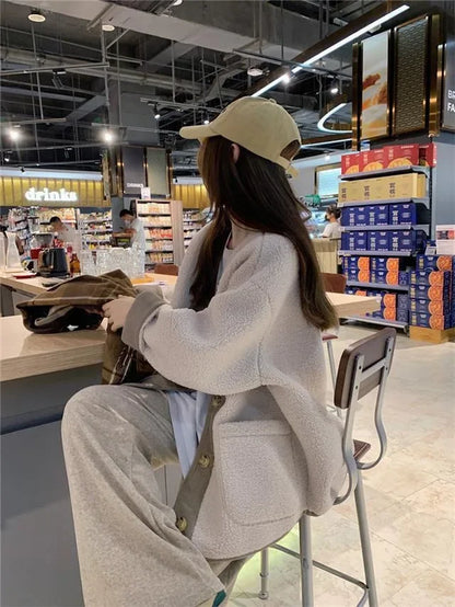 2024 Winter New Women's Lamb Wool Jacket Petite Loose-Fit Thickened Integrated Deer Skin Fleece Medium-Length Korean Style