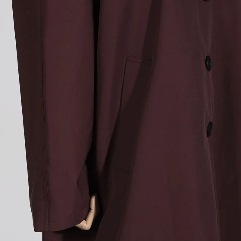 EtherealBe simple style long sleeve trench coat in burgundy with button front and side pockets