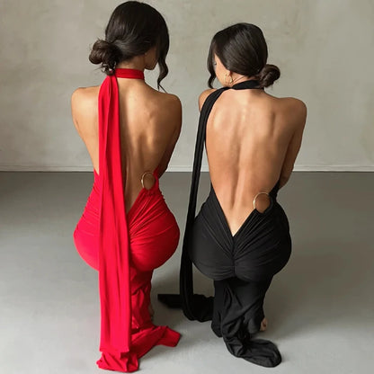 Hugcitar One Shoulder Backless Adjustable Scarf Loop Ruched Sexy Maxi Dress 2025 Women Elegant Y2K Streetwear Festival Outfit