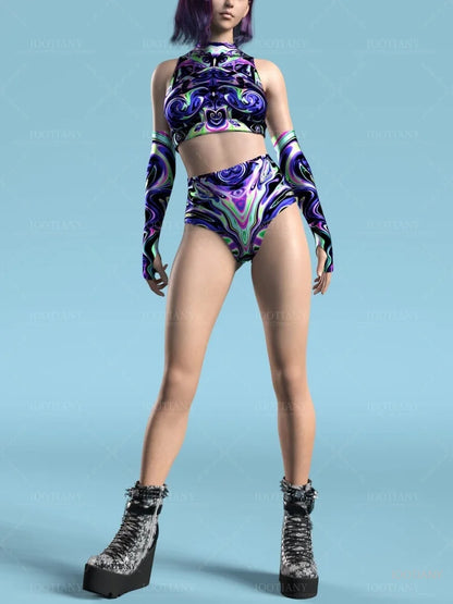 Adult Sleeveless Multicolor Role Play Bodysuit Swimsuit Women Sexy Hollow Off Shoulder Graffiti Art Bodycon Performance Costume