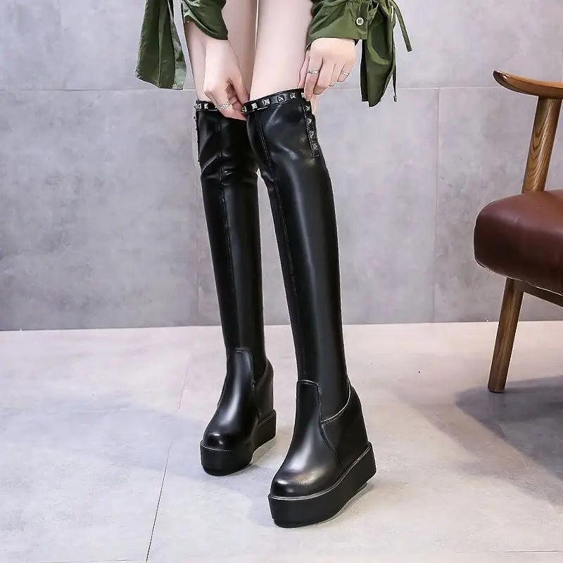 Knee Thigh High New In Women's Boots Genuine Leather Fur Long Shoes for Women Winter 2025 Wedges Chunky Platform Heeled Black