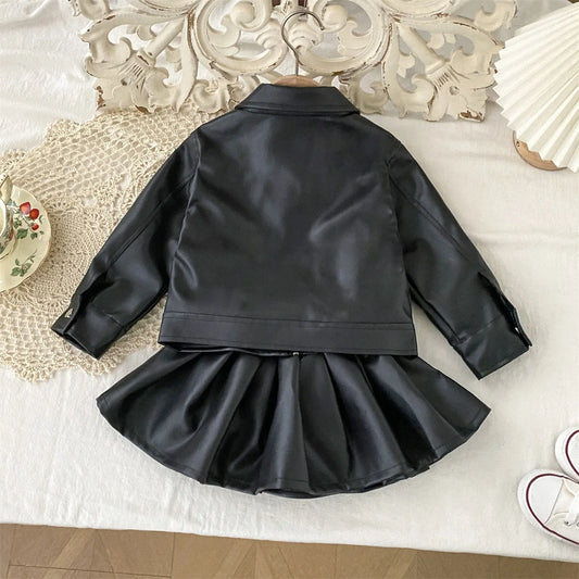 Children's Clothing Set 2025 Kids Clothes Autumn New Cool Girls Pu Leather Jacket With Short Skirt Fashion Two-Piece Outfit Set