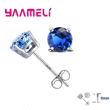 Classic CZ Crystal Stud Earrings 925 Sterling Silver Color for Women Men Unisex Gift AAA Cubic Zircon Wedding Party Jewelry