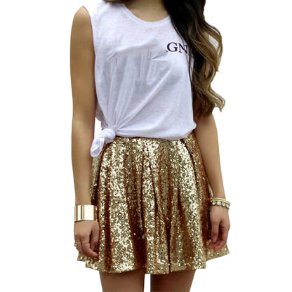 Women's Fashion High Waist Pleated Solid Color Short Skirt Sexy Holiday Cosplay Pink Sequin Skirt Elegant Party Wear Mini Skirts