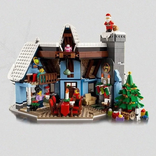 Santa Claus Christmas Winter Village Scenery With Light Building Blocks Bricks Moc 10275 Snow House Model Assembly Toy Kid Gifts