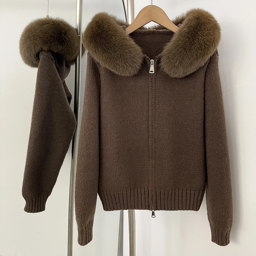 Coat Women Cardigan Natural Fox Fur Coat Women Real Mongolian Fur Knitwear Female Spring Autumn Hooded Knitted Fur Jacket
