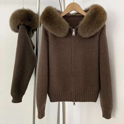 Coat Women Cardigan Natural Fox Fur Coat Women Real Mongolian Fur Knitwear Female Spring Autumn Hooded Knitted Fur Jacket