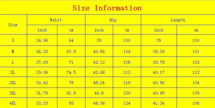 Size chart for women's medieval cosplay pants with waist, hip, and length measurements for various sizes