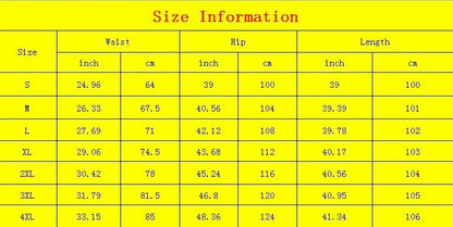Size chart for women's medieval cosplay pants with waist, hip, and length measurements for various sizes