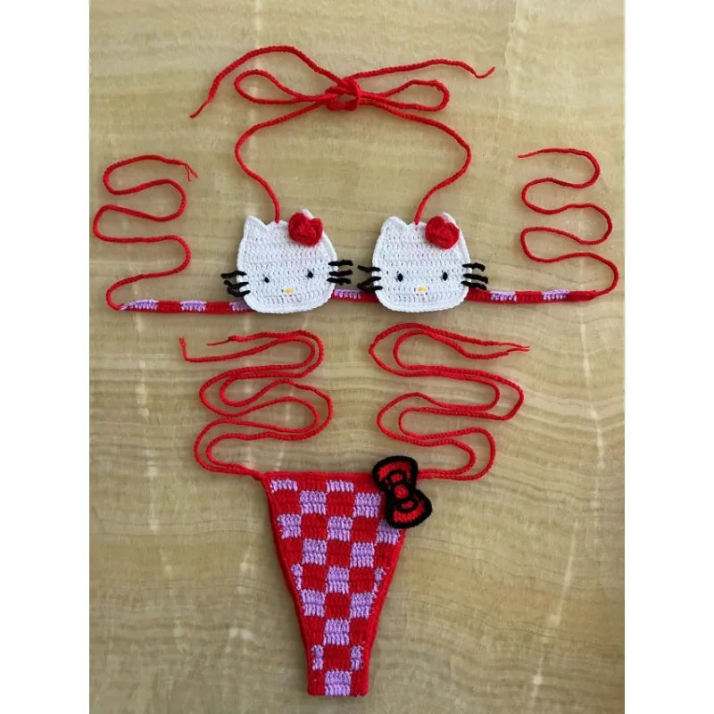 Sanrio Crochet Bikini Set Cute Girls Swimsuits Hello Kitty Sexy Bathing Suit Micro Ties Bikinis Beachwear Women Swimming Suit