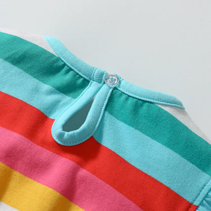 Kids Clothes 2025 New Summer Children's Clothing Cartoon Rainbow Striped Dresses Cotton Casual Vestidos  Gifts