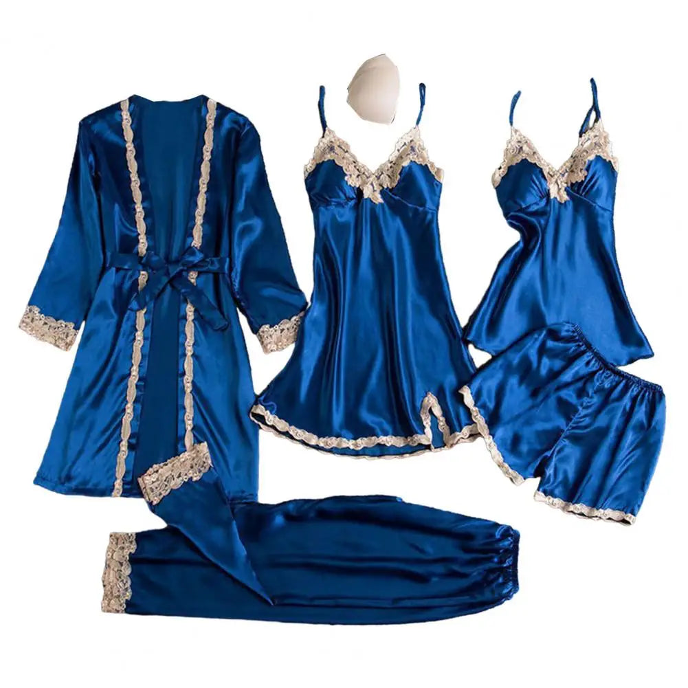 Women's Summer Sexy Pajama Pants Set 5 Pieces Nightgown Nightdress Top Shorts Pants Set Lace Satin Silk Sleepwear Robe Sleepwear