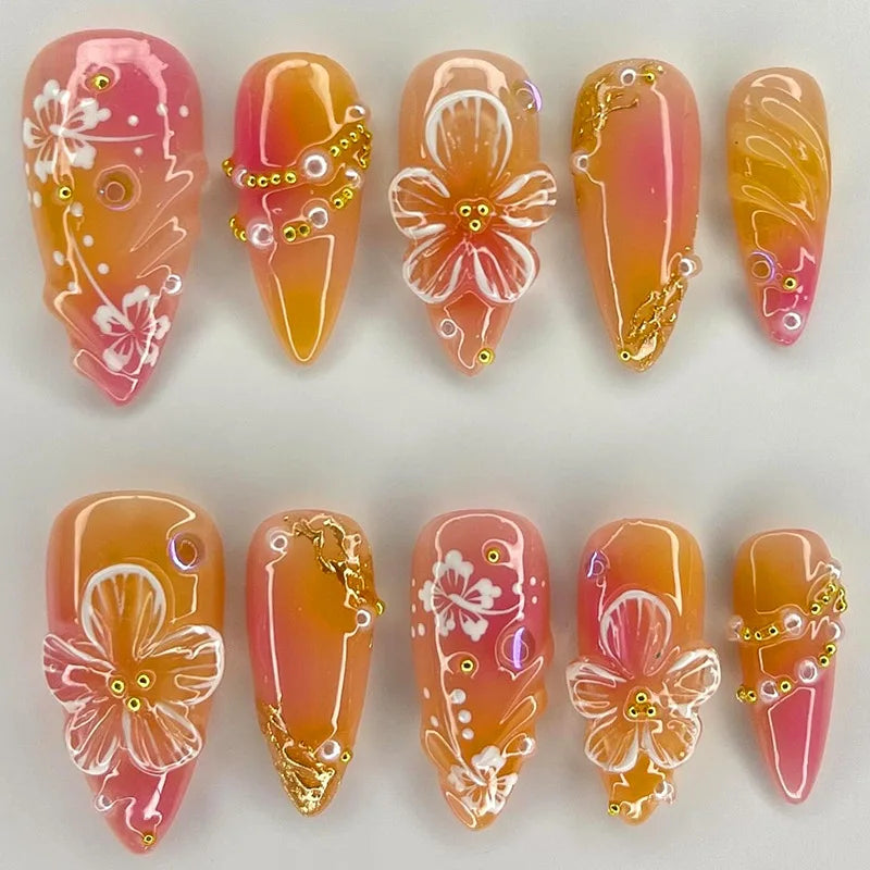24Pcs 3D Green Ripple Design False Nails Cat's Eye French Almond Fake Nail Tips Leaves Pattern Removable Oval Press on Nails