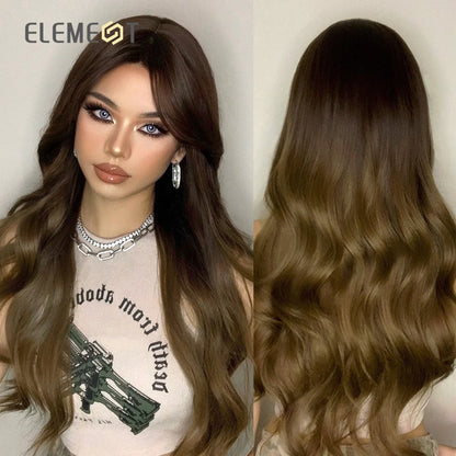 Element Medium Length Synthetic Straight Natural Brown Wigs with Side Bangs Heat Resistant Party Wigs for White/Black Women