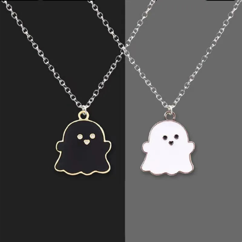 EtherealBe Halloween ghost pendant necklace in black and white with a delicate chain