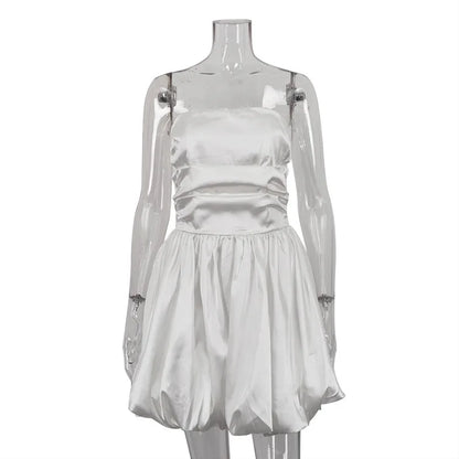 White Pleated Mini Dress For Women Bandeau Slim Patchwork Backless Elegant Fashion Dress Solid Female Party Dress 2024 New