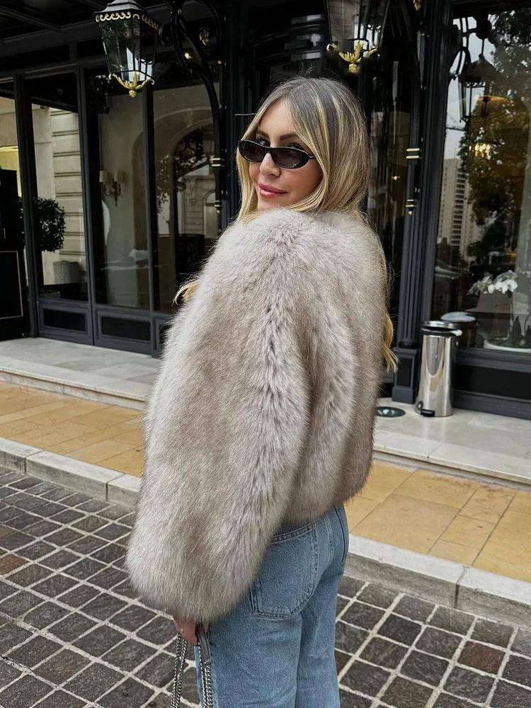 HH Women Winter Fashion Artificial Fur Effect Short Jacket Coats Female O-Neck Vintage Long Sleeve Loose Warm Top Streetwear