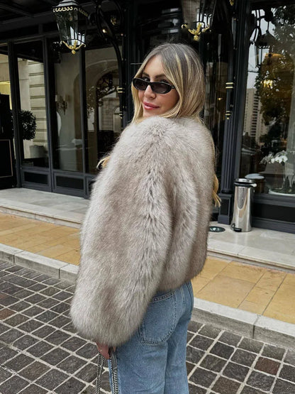 HH Women Winter Fashion Artificial Fur Effect Short Jacket Coats Female O-Neck Vintage Long Sleeve Loose Warm Top Streetwear
