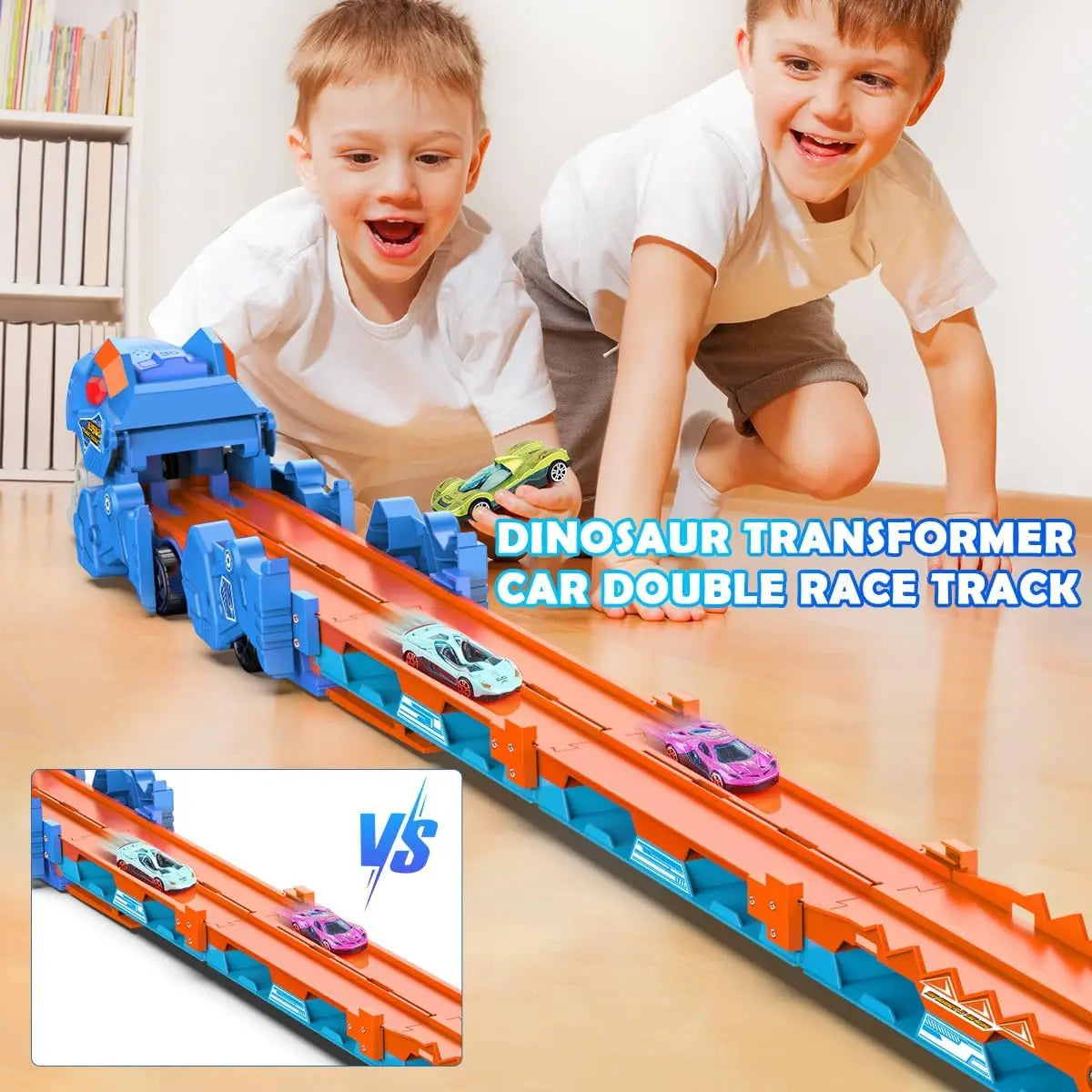 VATOS Dinosaur Transport Truck Car Toy 2 In 1 Ejection Folding Track Toy With Sound Portable 8 Race Cars Set for Kids Boys Gift