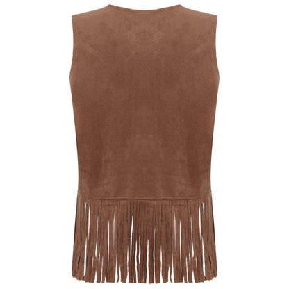 Womens Western Cowgirl Hippy Cosplay Costume Vintage Hollow Out Tassel Tank Tops Fringe Vest 70s Disco Faux Suede Waistcoat