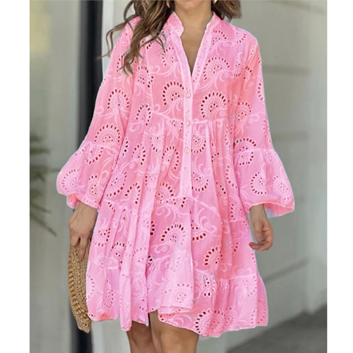 Plus Size S-5XL Hollow Out Dresses for Women Summer Elegant Solid Embroidered Lace Dress Loose Holiday Beach Mini Dress White