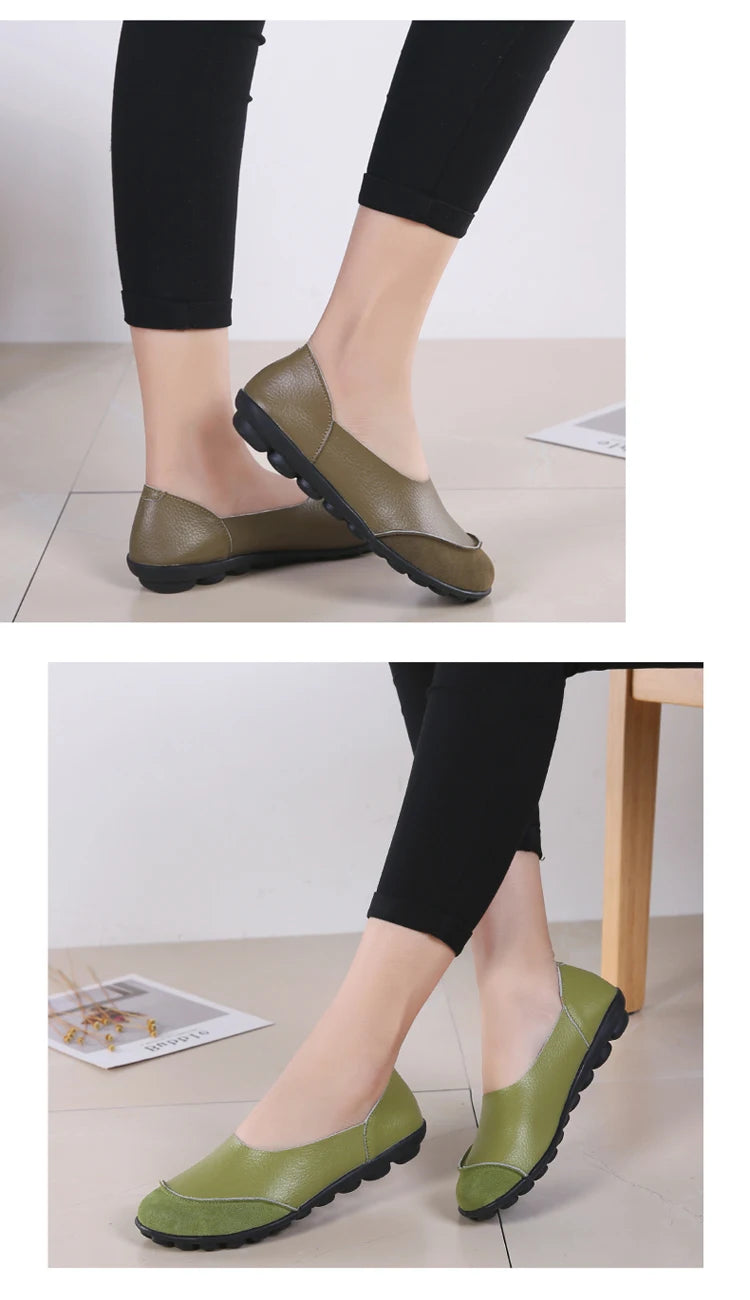 Women's shoes casual flat walking low heel loafers leather solid color large size casual single shoe work shoes44
